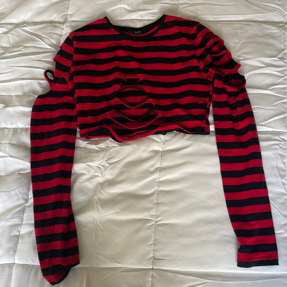 Banned Alternative Black and Red Striped Ripped Crop Top (Like New)